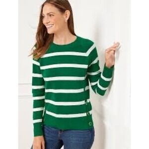 Talbots XL Green & White Stripe Crew neck Sweater Pullover Side Buttons Preppy